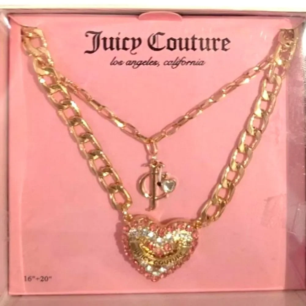 Juicy Couture Double Rhinestone Heart‎ & JC Charm Necklace